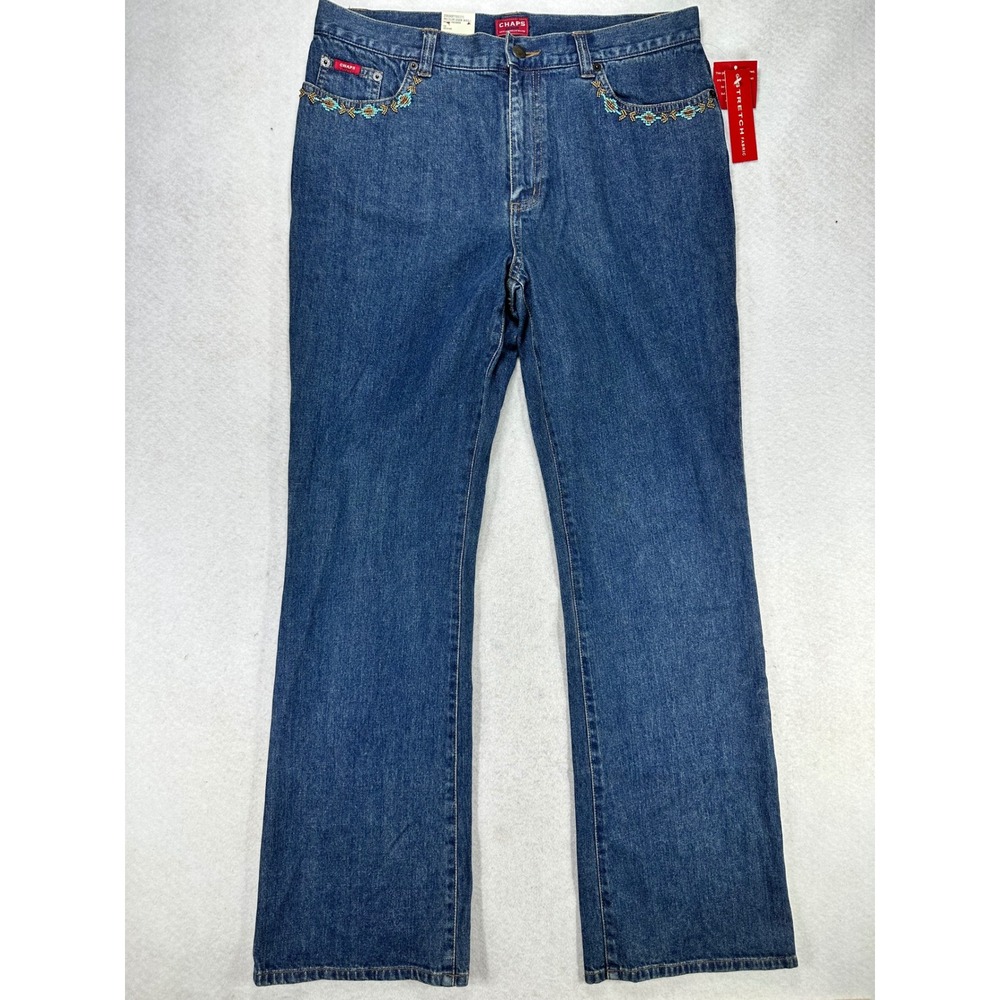 Chaps Denim Garbo Embellished Jeans Medium Dark Wash Beaded Straight Leg Size 12
